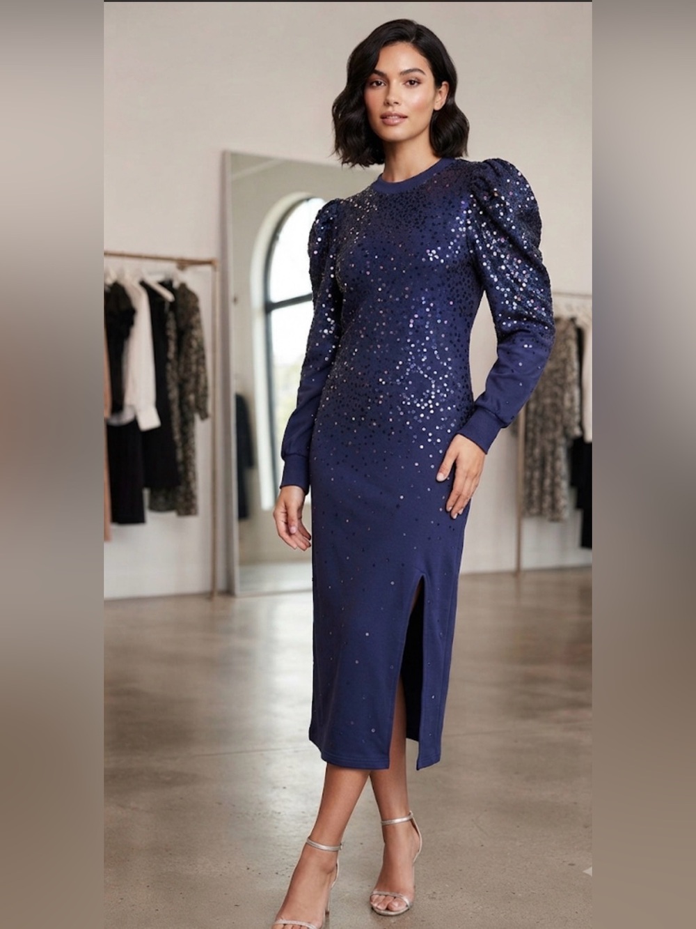 New! QUEEN OF SPARKLES Navy Sequin Puff-Sleeve Midi Dress